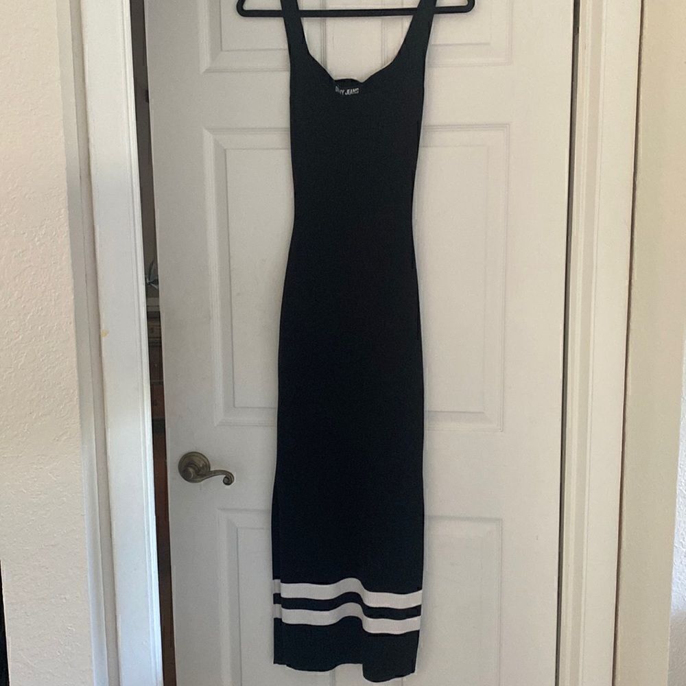 NWT DKNY Jeans black ribbed knit maxi tank dress with white stripes at bottom